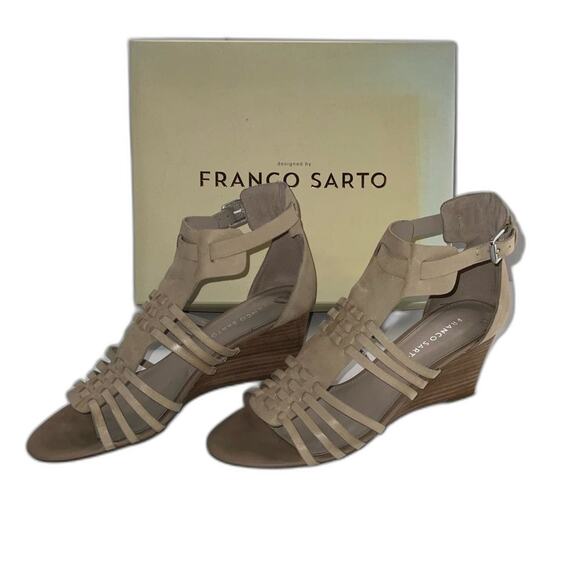 FRANCO SARTO Keller Leather Gladiator Wedge Heels Strappy Sandals beige Size 9.5 - Picture 1 of 8